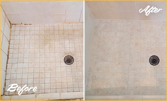Before and After Picture of a Orange Shower Caulked to Fix Cracks