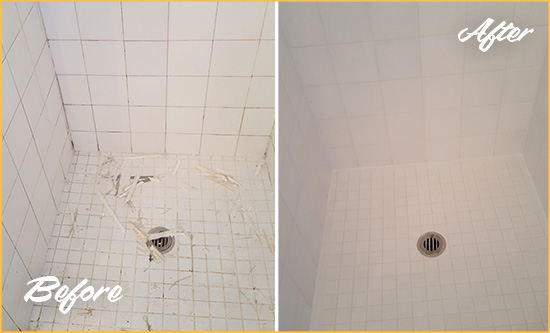 Before and After Picture of a New Britain Bathroom Re-Caulked To Repair Damaged Caulking