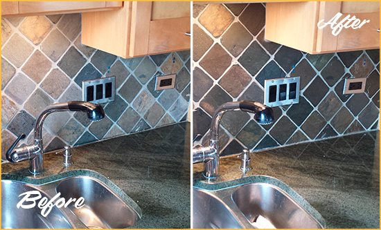 Before and After Picture of a Hartford Backsplash Caulked to Fix and Prevent Water Leaks