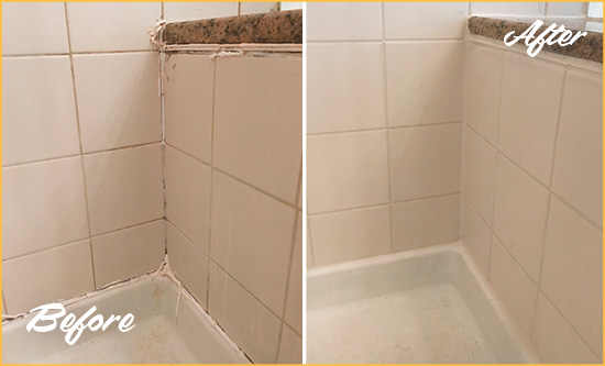 Before and After Picture of a Middletown Shower Caulked to Repair Damaged Caulking