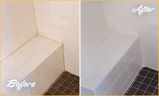 Before and After Picture of a Glastonbury Shower Seat Caulked to Protect Against Mold and Mildew Growth