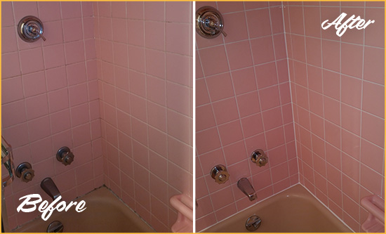 Before and After Picture of a Collinsville Bathtub Caulked to Eliminate Mold