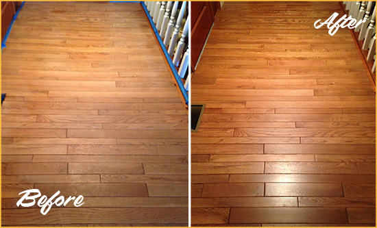 Before and After Picture of a Cromwell Wood Sandless Refinishing Service on a Dull Hallway
