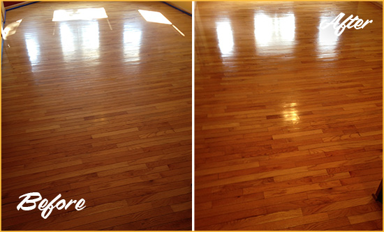 Before and After Picture of a Cromwell Wood Sandless Refinishing Service on a Room Floor to Remove Scratches
