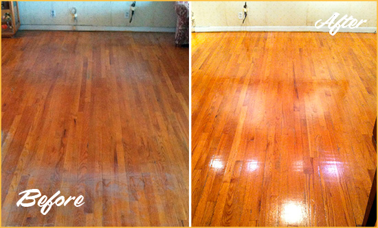 Before and After Picture of a Cromwell Wood Sandless Refinishing Service on a Stained Floor