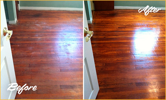 Before and After Picture of a Middlefield Wood Sandless Refinishing Service on a Dull Floor to Remove Stains