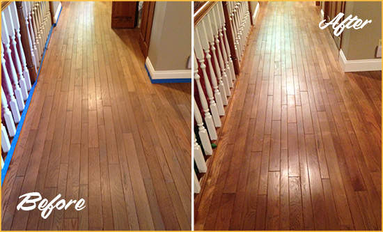 Before and After Picture of a Durham Wood Sandless Refinishing Service on a Worn Out Floor