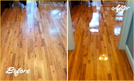 Before and After Picture of a Woodbury Wood Sandless Refinishing Service on a Worn Out Hallway