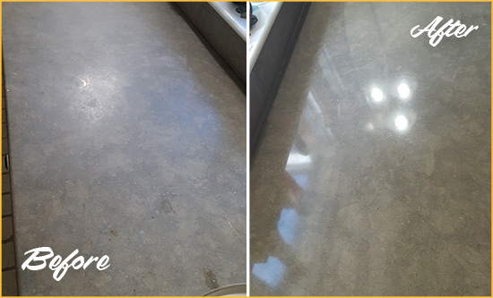 Before and After Picture of a Dull Cheshire Limestone Countertop Polished to Recover Its Color