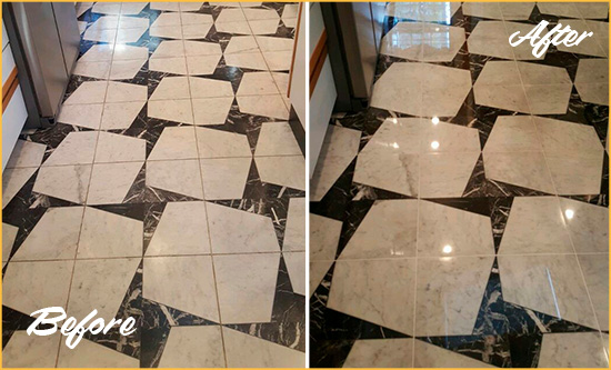 Before and After Picture of a Dull Windsor Marble Stone Floor Polished To Recover Its Luster