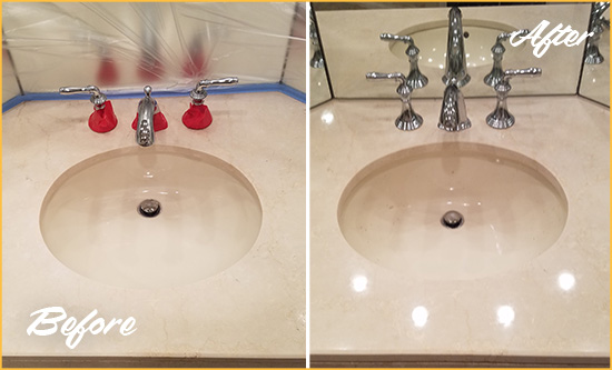 Before and After Picture of a Dull Burlington Marble Stone Vanity Top Polished to Bring-Back Its Sheen
