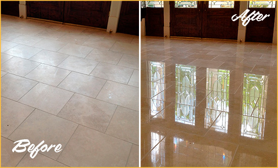 Before and After Picture of a Dull Farmington Travertine Stone Floor Polished to Recover Its Gloss