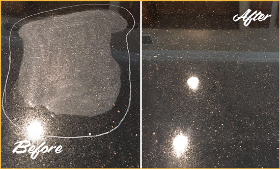 Before and After Picture of a Cromwell Granite Stone Countertop Polished to Remove Scratches