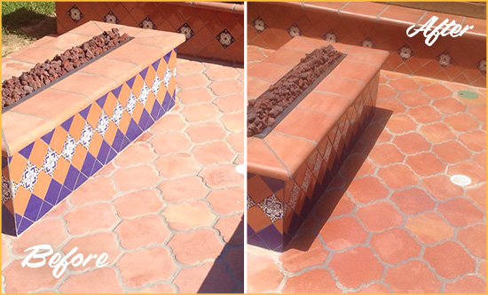 Before and After Picture of a Dull Seymour Terracotta Patio Floor Sealed For UV Protection