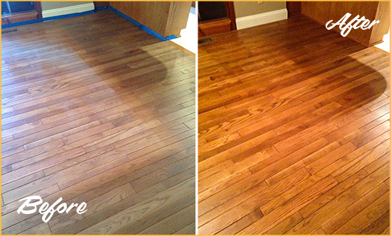 Before and After Picture of a West Haven Wood Sand Free Refinishing Service on a Dull Floor to Recover Its Sheen