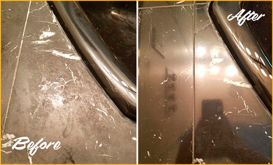 Before and After Picture of a Vernon Rockville Marble Countertop Cleaned to Remove Deep Dirt