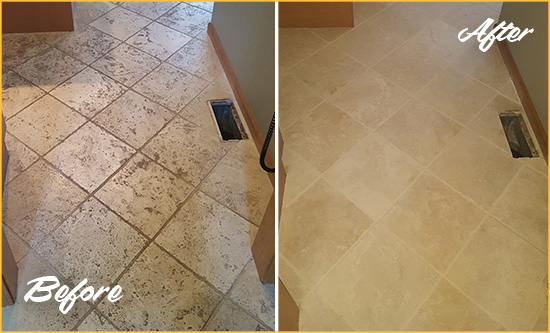 Before and After Picture of a Windsor Locks Kitchen Marble Floor Cleaned to Remove Embedded Dirt