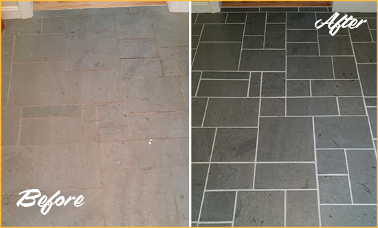 Before and After Picture of a West Haven Slate Floor Cleaned to Remove Deep-Seated Dirt