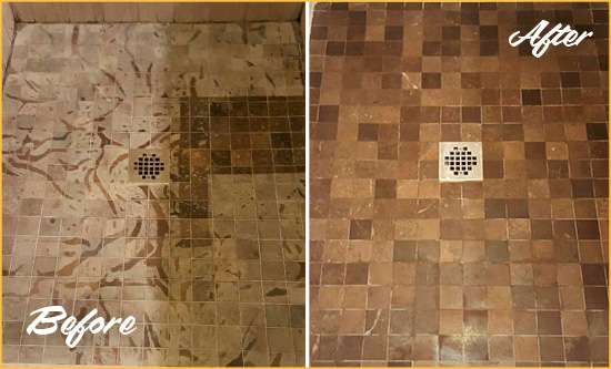 Before and After Picture of a Stained Woodbury Marble Shower Floor Cleaned to Remove Etching