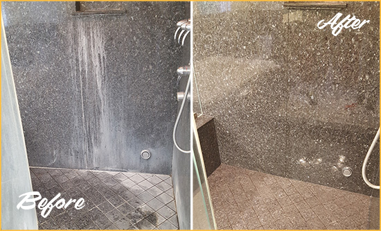 Before and After Picture of a Southington Granite Shower Cleaned to Remove Mineral Deposits