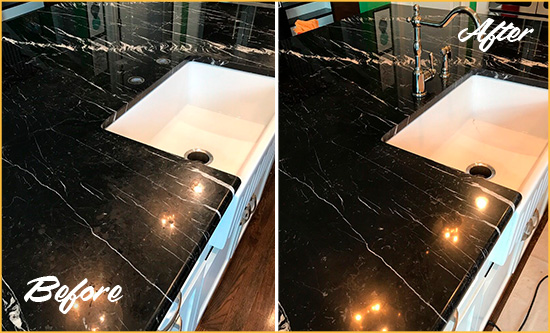 Before and After Picture of a South Glastonbury Marble Kitchen Countertop Stone Sealed to Avoid Water Damage
