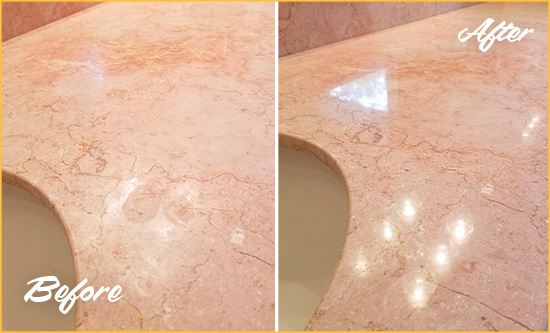 Before and After Picture of a East Haven Marble Stone Vanity Top Sealed to Avoid Water Marks