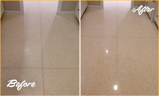 Before and After Picture of a Dull Orange Granite Floor Honed to Recover Its Sheen