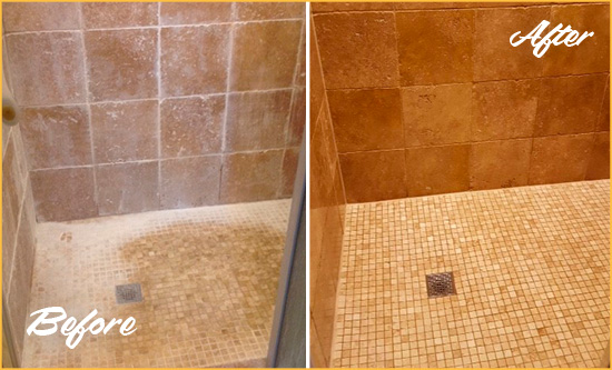 Before and After Picture of a Branford Travertine Shower Honed to Remove Mineral Deposits