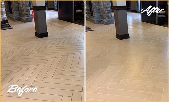 Before and After Picture of a Middletown Hard Surface Restoration Service on an Office Lobby Tile Floor to Remove Embedded Dirt