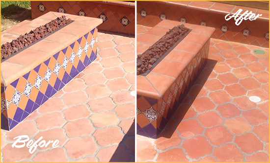 Before and After Picture of a Manchester Hard Surface Restoration Service on a Dull Terracotta Patio Floor to Recover Its Color