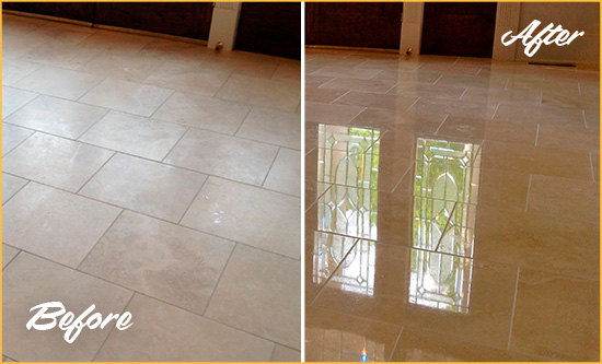 Before and After Picture of a Manchester Hard Surface Restoration Service on a Dull Travertine Floor Polished to Recover Its Splendor