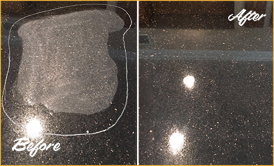 Before and After Picture of a Watertown Hard Surface Restoration Service on a Granite Countertop to Remove Scratches