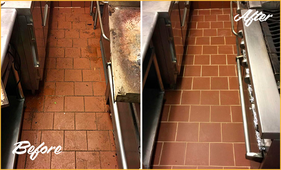 Before and After Picture of a Prospect Hard Surface Restoration Service on a Restaurant Kitchen Floor to Eliminate Soil and Grease Build-Up