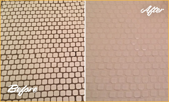 Before and After Picture of a Terryville Hard Surface Restoration Service on a Bathroom Tile Floor Recolored to Fix Grout Color