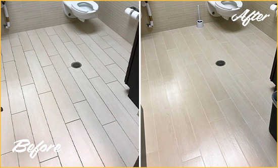 Before and After Picture of a East Hartford Office Restroom's Grout Cleaned to Remove Dirt