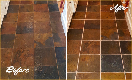 Before and After Picture of Branford Slate Floor Grout Cleaned to Remove Dirt