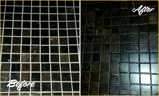 Before and After Picture of a Oxford Black Floor with Recolored Grout