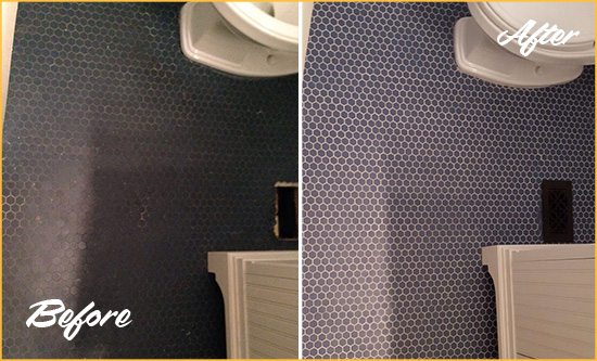 Before and After Picture of a Manchester Blue Tile Floor Recolored Grout