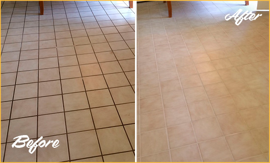 Before and After Picture of a Plainville Kitchen Tile Floor with Recolored Grout