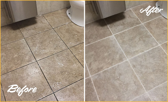 Before and After Picture of a Cheshire Office Restroom Floor Recolored Grout
