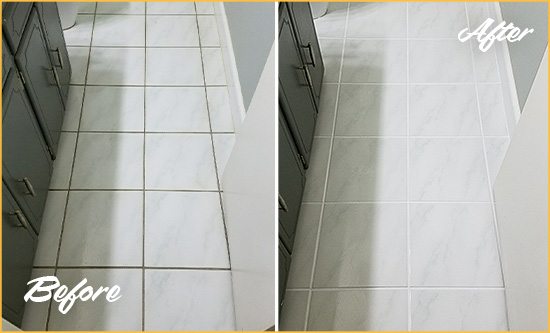 Before and After Picture of a Cromwell White Ceramic Tile with Recolored Grout