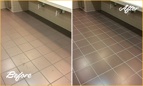 Before and After Picture of Dirty East Haven Office Restroom with Sealed Grout
