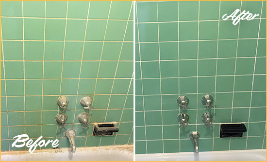 Before and After Picture of a Durham Bath Tub Grout Sealed to Avoid Water Damage