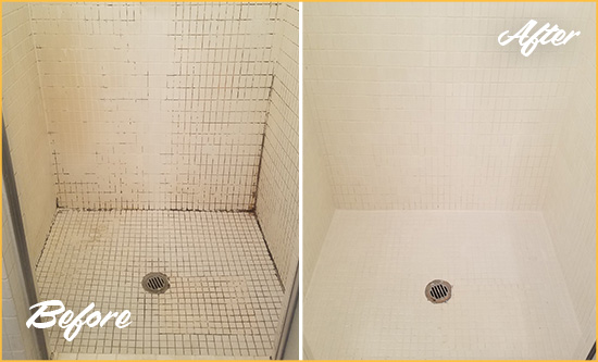 Before and After Picture of a Southbury Bathroom Grout Sealed to Remove Mold