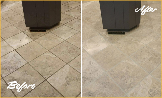 Before and After Picture of a Manchester Kitchen Floor Grout Sealed to Remove Stains