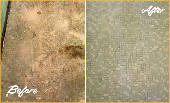 Before and After Picture of a Berlin Mosaic Shower Cleaned to Eliminate Embedded Dirt