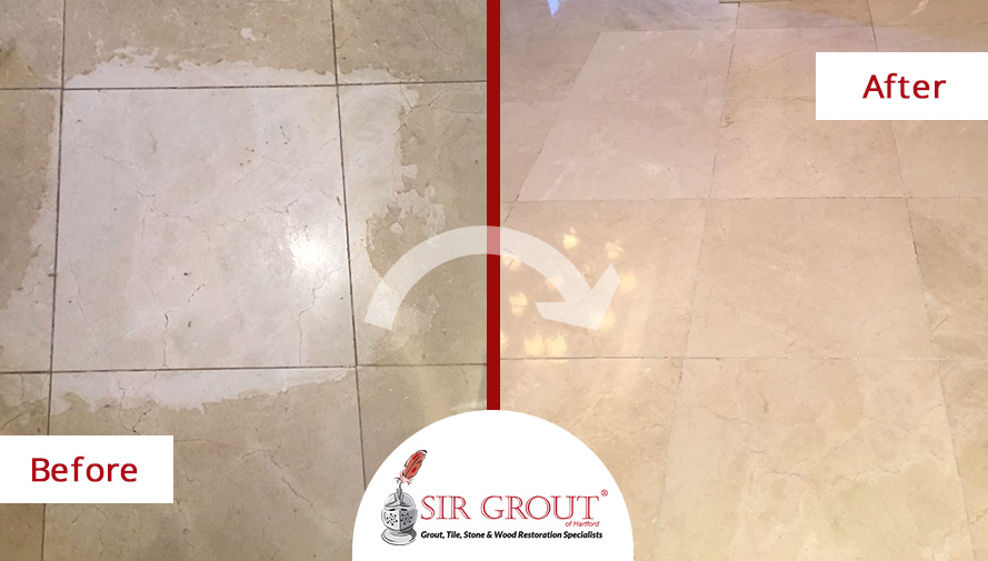 Before and After Picture of a Marble's Floor Stone Cleaning and Honing in Simsbury, Connecticut