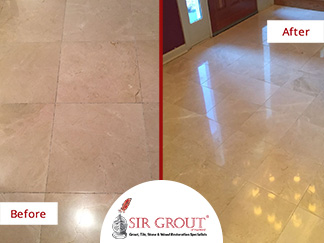Before and After Picture of a Marble's Floor Stone Cleaning and Honing Service in Simsbury, Connecticut