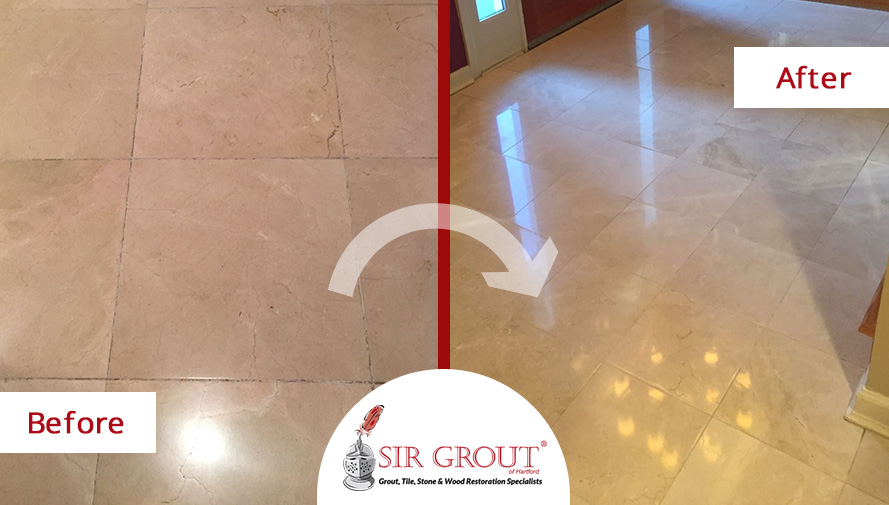 Before and After Picture of a Marble's Floor Stone Cleaning and Honing Service in Simsbury, Connecticut