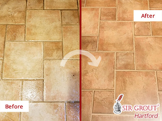 Before and After Picture of This Living Room Floor after a Tile and Grout Cleaning Service in Farmington, CT